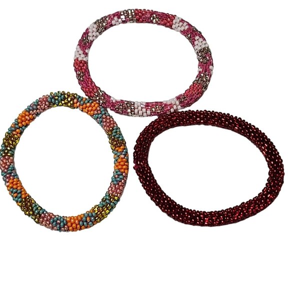 Handmade Seed Beaded Stretch Bracelets Retro Fashion Jewelry Women Set of 3 - Picture 1 of 6